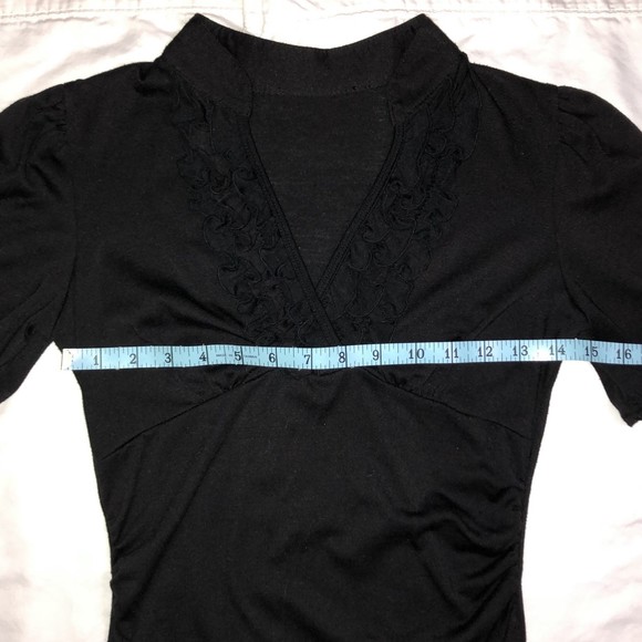 Womens Blouse Black V-Neck Top Tuxedo Style Ruffles Size Small Short Sleeve - Picture 4 of 5